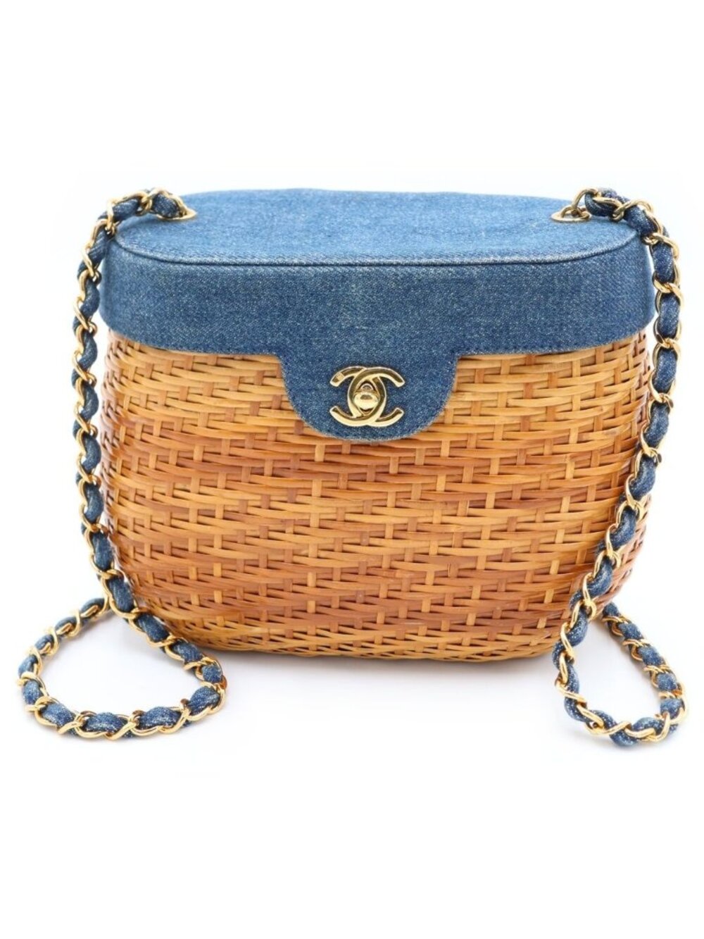 Chanel CC Logo Chain Basket Shoulder Bag Beige Indigo Blue Straw Denim Gold